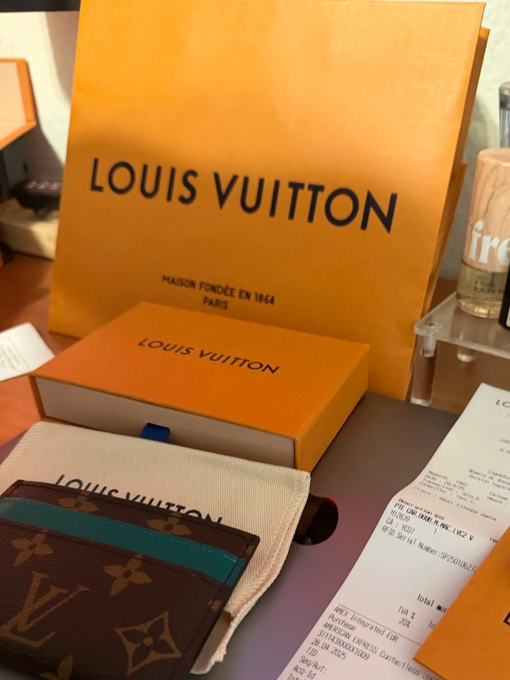 Louis Vuitton Brown Monogram Card & Key Holder with Teal Accent